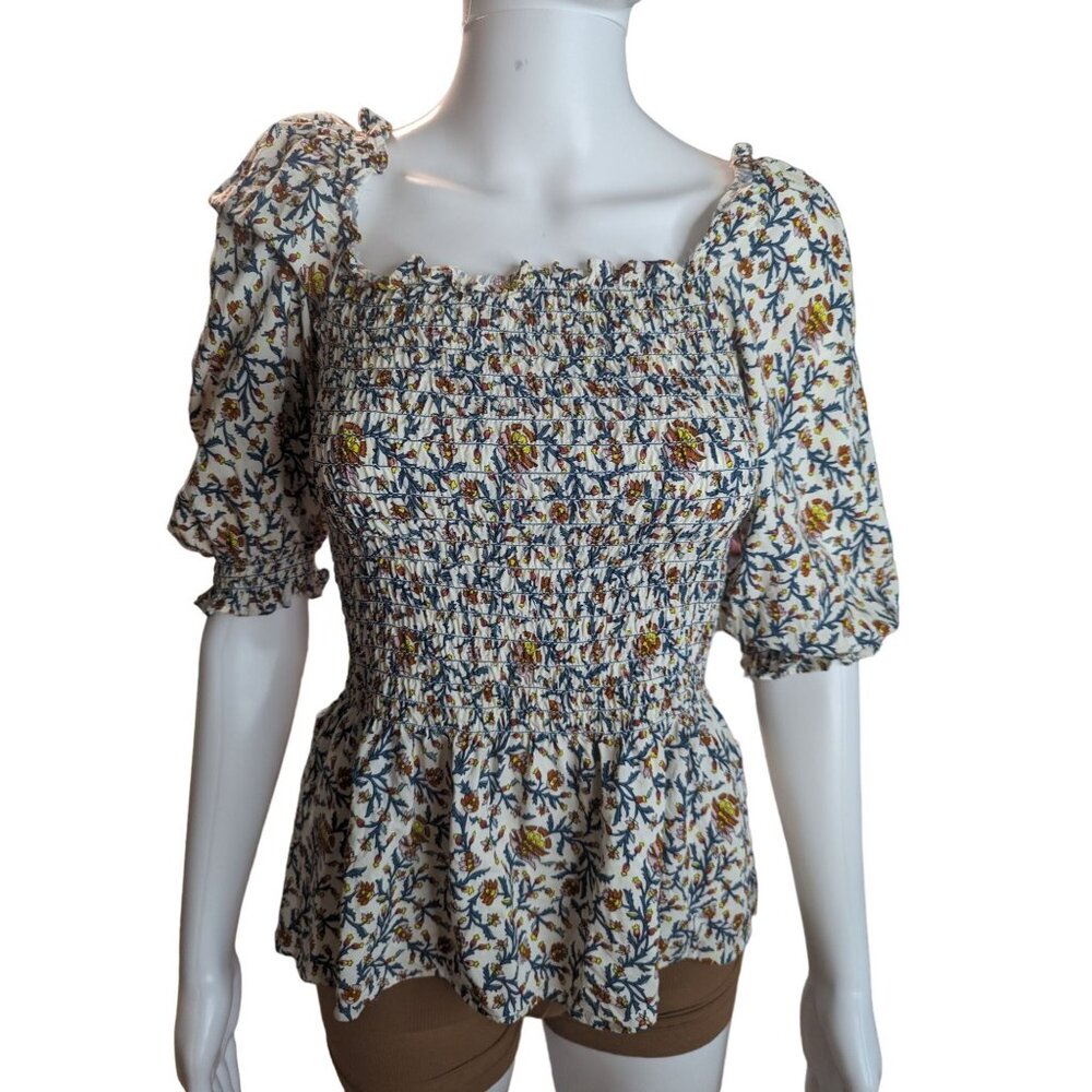 Max Studio Ruffle Smocked Peasant Top Floral Print Square Neck Puffy Sleeve Sz S